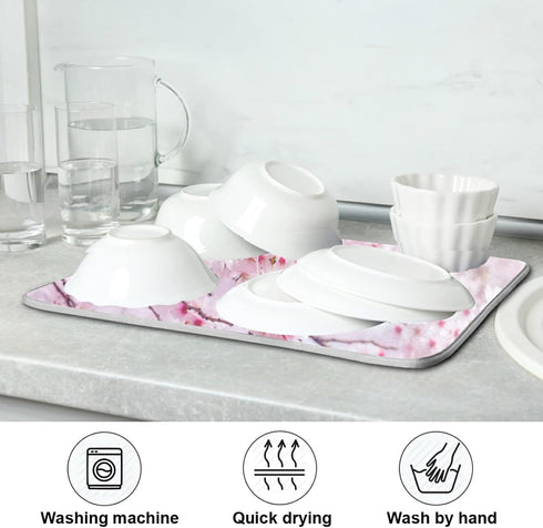 Romantic Pink Cherry Blossoms Absorbent Dish Drying Mat Microfiber Kitchen Countertop Table Protector Multipurpose Counter Rack Sink Drainer Pad (...