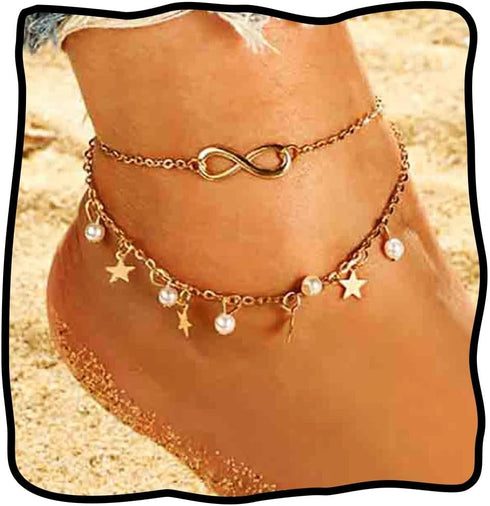 Boho Layered Ankle Bracelet Gold Anklets Star Pendant Foot Chain Pearl Summer Beach Ankle Chain Adjustable Foot Jewelry Accessories for Women...