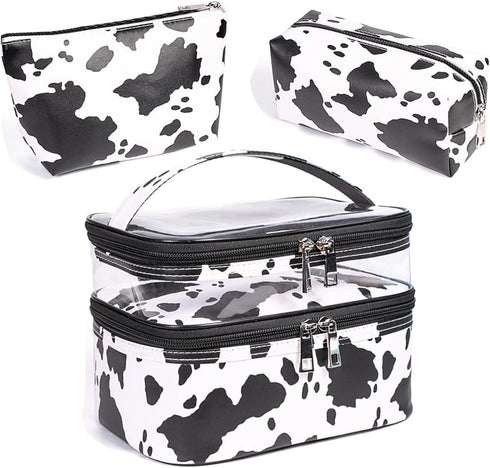 FITINI 3 Pieces Makeup Bags Double Layer Travel Large White Cows Cosmetic Cases Organizer Toiletry Bags Waterproof Small Zipper Pouch for Women Ma...