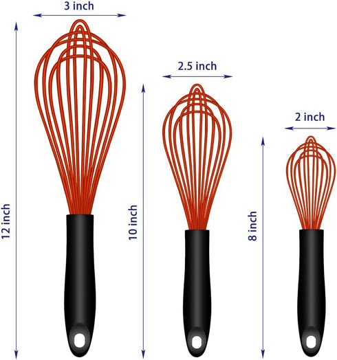 Dishwasher Safe Silicone Whisk, Sealed Waterproof Design Set of 3, Professional Kitchen Whisks for Cooking Non-Scratch, Silicone & Stainless Steel...