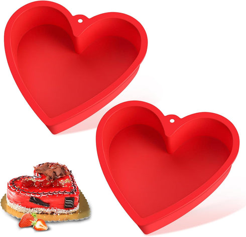 Heart Shaped Cake Pans 10 Inch 2pcs,Nonstick Silicone Heart Cake Mold,Reusable Baking Tins Brownie Pans,Heart Cake Pan Set for Valentine's Day(Red...
