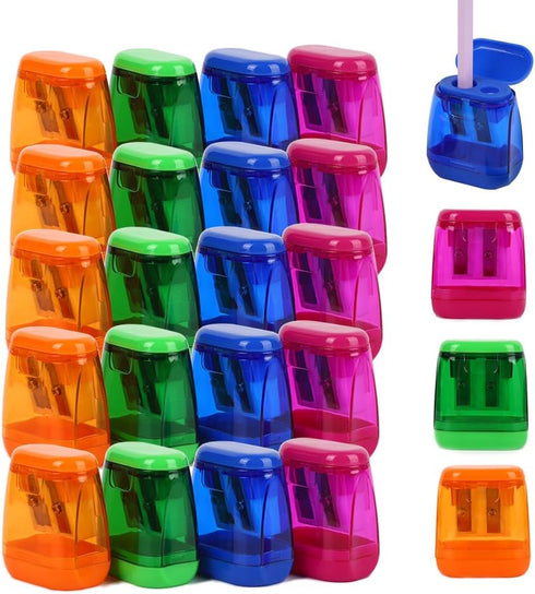 Colored Manual Pencil Sharpeners in Bulk, BOPART 24pcs Small Handheld Pencil Sharpener Dual Holes with Lid for Kids Adults at Classroom School Off...
