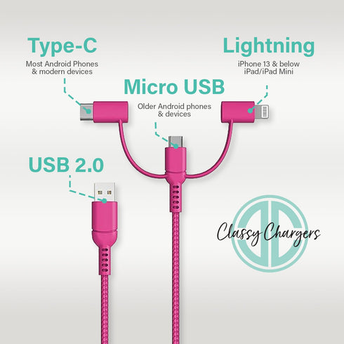 Classy Chargers Universal 3-in-1 Nylon Charging Cables for iPhone, Android, and More | 6ft Certified Lightning Cable, Type C, Micro USB | Compatib...