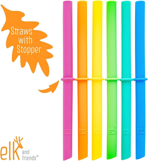 Elk and Friends Adult & Kid's Reusable Silicone Straws with Stopper for 12oz &14oz Mason Jars or Tumblers, Pack of 8 Colorful Straws 7.9"...
