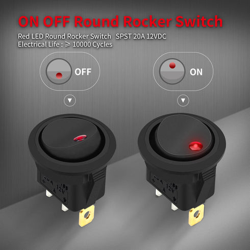 DaierTek Round Rocker Switch 12V 20A LED DC Round Shell 3 Pin with 12 Volt Red LED Lighted Automotive Car Truck Rocker Toggle Switch ON Off -5Pack...