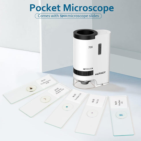 HUTACT 70x Pocket Microscope for Kids, Mini Handheld Portable Microscope with 5 Microscope Slides for Kids Learning, Education...