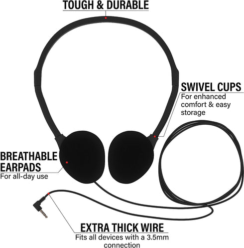 Maeline Bulk Classroom Student Headphones On Ear Stereo Headphones Adjustable Band & Foam Cushions for Kids Online Learning, Library, School, Airp...