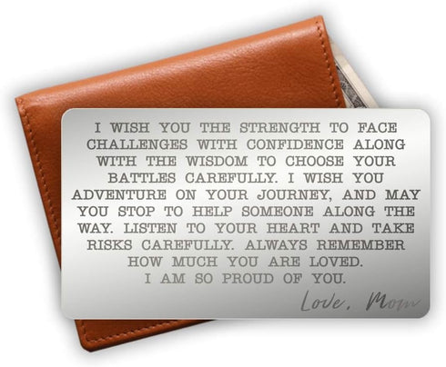 Engraved Stainless Steel Wallet Card Insert - Son Gift Idea from Mom - Unique Mini Love Note to Son from Mother - Graduation Gift (Silver)...