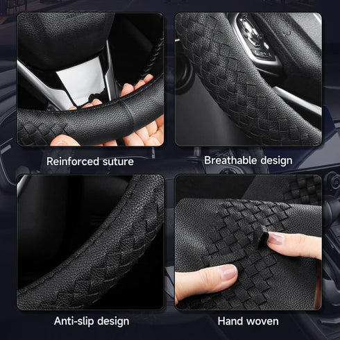 Black Steering Wheel Cover?with Woven Pattern ?Anti-Slip, Safety, Soft, Breathable, Adaptable to 14.5-15 inches Steering Wheel...