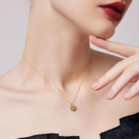 Jade Bead with Diamond Pendant Good Fortune Natural Jade Ball Necklace Gold Plated 925 Sterling Silver Necklace mothers day gifts for Women...