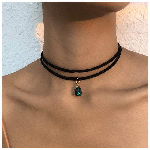 Vintage Layered Suede Choker Necklace Green Teardrop Clavicle Necklace Black Velvet Choker Necklace Cz Emerald Pendant Necklace Collar Jewelry for...