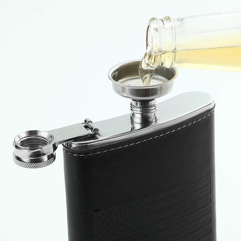 Stainless Steel American Flag Flask, Soft Touch Cover Liquor Flasks 8oz | Leak Proof Black PU Leather Heavy Duty Hip Set, Includes Funnel...