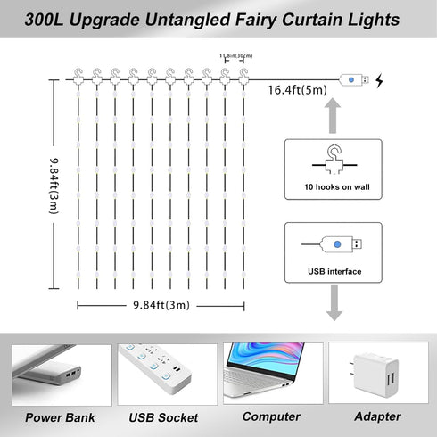 Upgrade 300LED White Curtain Light with Untangled Wires, 9.8ft x 9.8ft Copper Wire String Lights, USB Plug Hanging Window Fairy Lights, 8 Modes & ...
