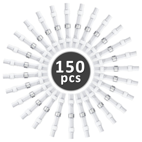 150 Pcs Solder Seal Wire Connectors 26-24 AWG White Heat Shrink Butt Connectors, Waterproof Insulated Electrical Splice Wire Terminals for Boat Tr...