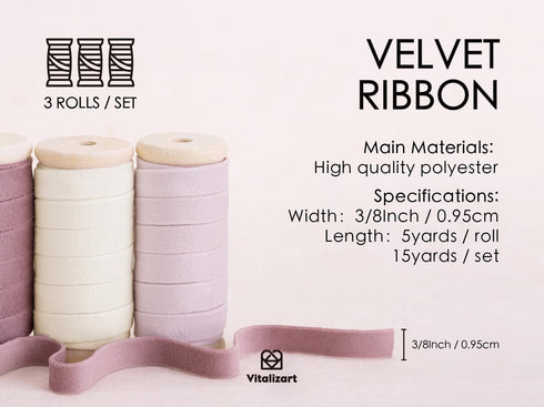 Vitalizart Velvet Ribbon Pink White Set 3/8" x 15Yd Wooden Spool Fabric Trim Eco-Friendly 3 Rolls * 5Yd for Christmas Wreath Decoration Handmade C...