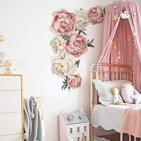 WINDVALE Pink Peony & Rose Floral Wall Stickers, Peel & Stick, Waterproof, Modern Style, 2 Sheets (11.8 x 35.4 inches each), Ideal for Bedroom, Li...