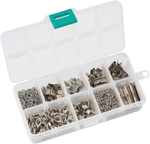 Craftdady Ribbon Ends 500Pcs Bookmark Pinch Crimp Clamp Cord Ends Kit 6 Sizes Textured Fastener Clasps with Twist Extender Chains Lobster Clasps O...