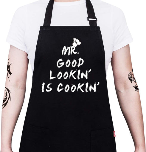 Kitchen Chef Apron - MR. GOOD LOOKIN' IS COOKIN' Funny Aprons for Men Dad - Adjustable Bib Apron with 2 Pockets and 40" Long Ties, Perfect for Coo...