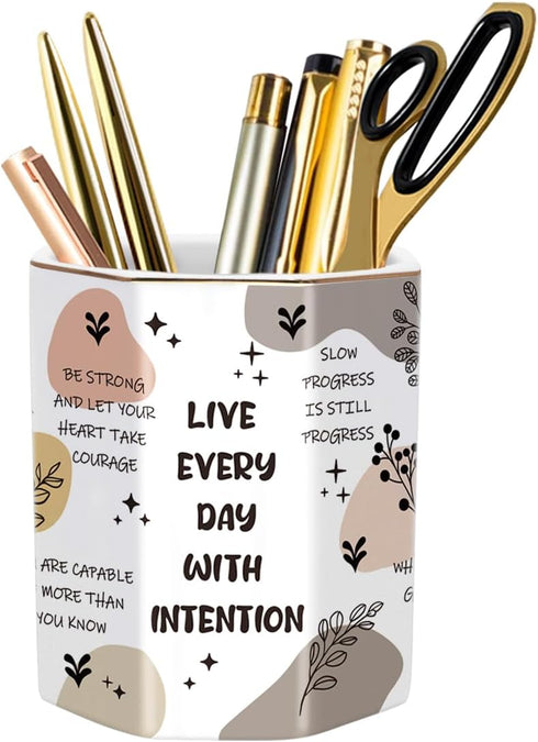 WAVEYU Cute Pen Holder for Desk, Ceramic Pencil Holder, Makeup Brush Holders, Desktop Stationery Organizer for School Students Office Women Teens ...