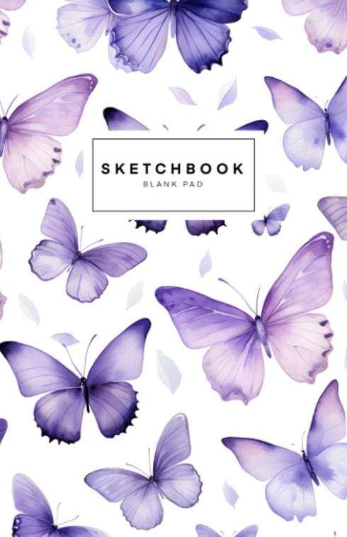 Sketchbook small: 100 page | 5.5"x8.5" | Pastel purple butterfly watercolor cover | Blank page | For drawing and doodling...