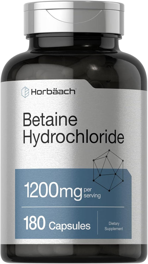 Horbaach Betaine HCl 1200mg | 180 Capsules | Betaine Hydrochloride Supplement | Non-GMO, Gluten Free...