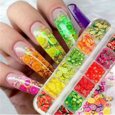AKOAK 2 Boxes of Crystal Mash Clay Strip Flowers Fruit Slices Apples, Strawberries, Watermelons Nail Crafts Making, Decorations Scrapbook DIY Craf...