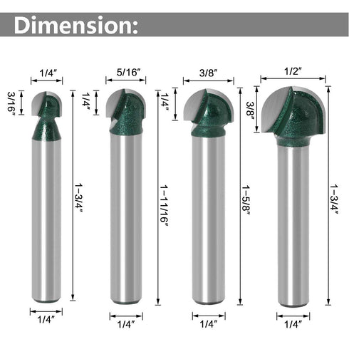 Yakamoz 4Pcs 1/4" Shank Round Nose Router Bit Core Box Router Bits Set Round Groove CNC Sign Making Router Cutter Woodworking Carving Cutting Tool...