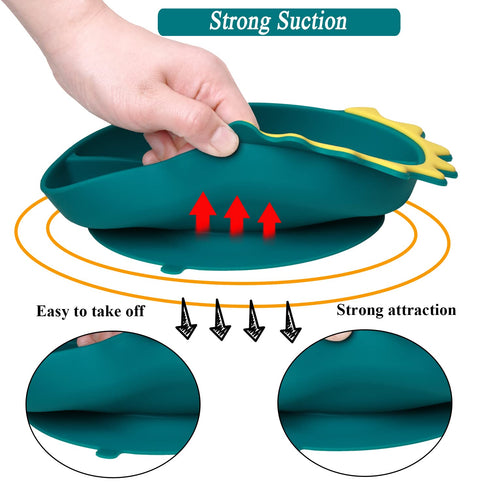 Suction Plates for Baby,Silicone Toddler Plates with Spoon Fork set Divided Dinosaurs Plates Self Feeding Training Baby Dinner Plate-Blue Dinosaur...