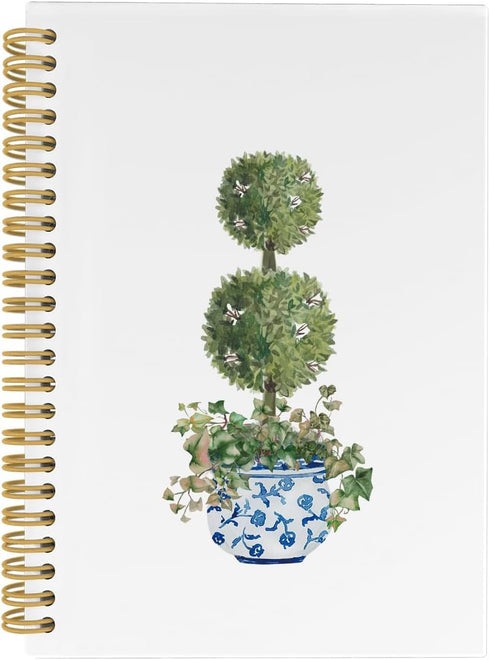 Blue and White Porcelain Spiral Notebook, Chinoiserie Journal, Green Topiary Trees 5.5"x8.3" 164pages Lined Notebooks College Ruled, Preppy Vintag...