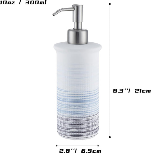 Ceramic Soap Dispenser Blue for Bathroom Kitchen Countertop, Blue and White Hand Soap Dispenser 10oz Bottle Refillable with 304 Stainless Steel Pu...