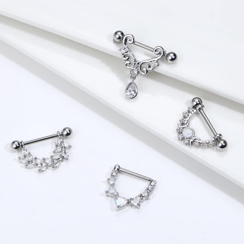 JOERICA 4 Pairs 14G Nipple Rings for Women 316L Stainless Steel Heart Teardrop Moon Star Opal Leaf CZ Barbell Nipple Rings Set Cute Nipplerings Pi...
