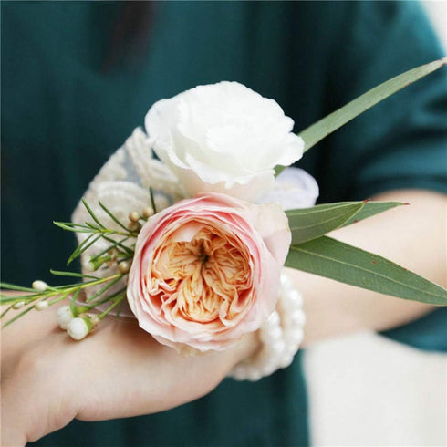 Set of 10 Elastic Pearl Wrist Corsage Bands DIY Flower Hand Corsages Bracelets Accessories for Wedding Festival Beach Party Prom (White B)...