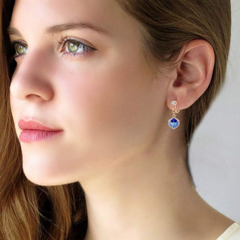 Cube Austrian Crystal Drop Clip On Dangle Earrings for Women Non Pierced 14K Rose Gold Plated Hypoallergenic Jewelry...