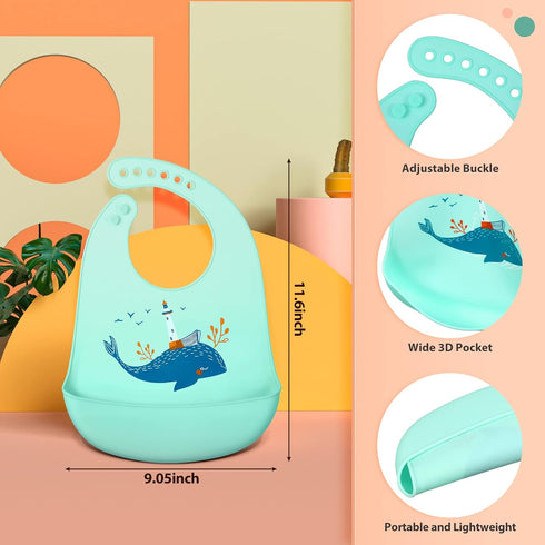 Zhanmai 3 Pack Silicone Bibs for Babies with Spoon Fork Silicone Feeding Bibs for Toddlers Boys Kids Girls (Vivid Style)...