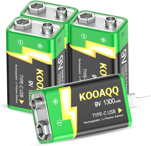9V Lithium Battery, High Capacity 1300mAh,with 2 in 1 USB Charging Cable, (2024 New Version)Rechargeable 9 Volt Square Batteries for Smoke Detecto...