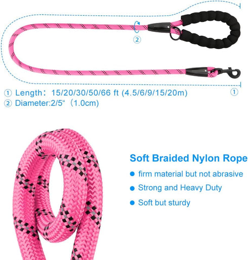 Plutus Pet Long Rope Dog Leash, with Comfortable Padded Handle, Reflective Nylon Heavy Duty Rope Leash, 15FT 20FT 30FT Dog Training Leash for Smal...