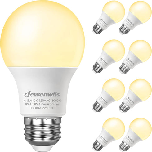 DEWENWILS 8-Pack A19 LED Light Bulb, 760LM, 3000K Soft Warm Light Bulb, Energy Saving 9W(60W Equivalent) LED Bulb, E26 Medium Screw Base, Non Dimm...