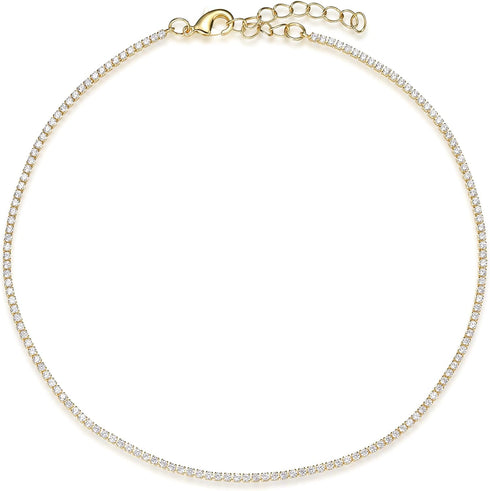 Cubic Zirconia Choker Adjustable 12-14 Inch | 1.75mm Round Cut Tennis CZ Chain Necklace Gold for Layering | Bridal Party Gold Jewelry Hypoallergen...