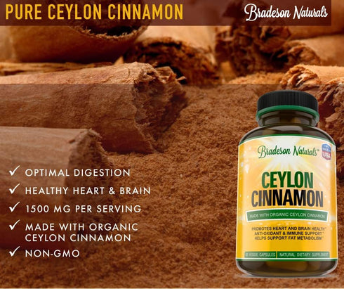 Organic Ceylon Cinnamon Supplement - 60 Capsules, 1200mg - Natural Antioxidant Dietary Supplement - Promotes Heart, Brain & Immune Health...