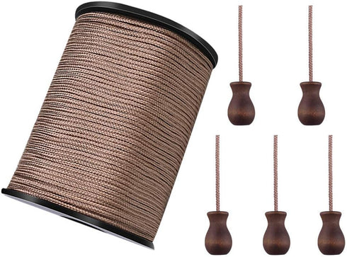 WXJ13 One Roll 50 Yards Brown Braided Nylon Lift Shade Cord with 5 Pack Brown Wood Cord Knobs, 1.8 mm (Brown)...