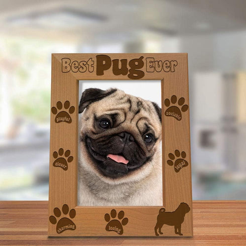 KATE POSH - Best Pug Ever Engraved Natural Wood Picture Frame, Dog Lover, Pug Life, Paws Gifts for Birthdays, Memorial, New Puppy (5x7-Vertical)...