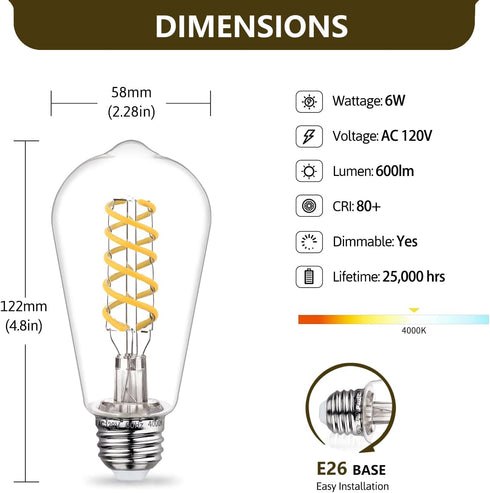ST58 (ST19) LED Edison Bulb 60 Watt Equivalent, CRI 80+, Shatterproof High Brightness Natural White 4000K Dimmable Antique LED Filament Light Bulb...