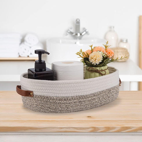 Woven Storage Basket for Toilet Tank Top,Farmhouse Home Decor Organizing Basket for Bathroom,Table and Counter 13"x5.9"x4" Apricot Stitching White...