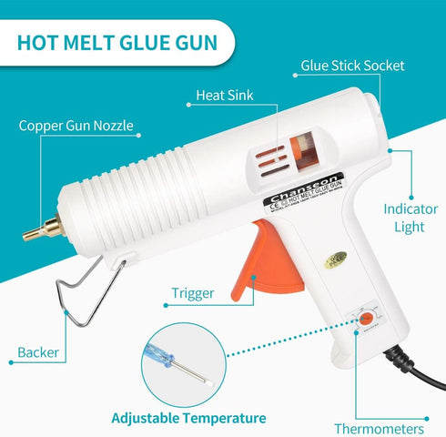 150 watts Industrial Hot Melt Glue Gun US Plug with 10 Pcs Glue Sticks Adjustable Temperature 2 Copper Nozzles for DIY Crafts and Quick Repairs...