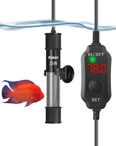 Fumak 25W Adjustable Aquarium Heater Super Short Submersible Fish Tank Heater Fish Heater with LED Digital Display Thermostat, for Tanks 3-5 Gallo...