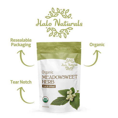 Halo Naturals Organic Meadowsweet Herb Cut & Sifted, 4 Ounces (Filipendula ulmaria) USDA Certified | Resealable Pouch| Packaged in The USA (Pack o...