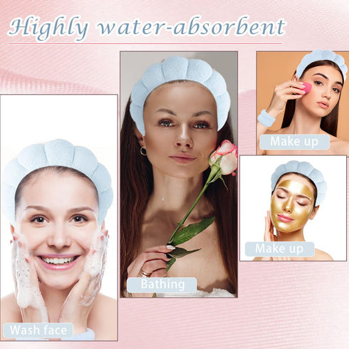 3PCS Spa Headband and Wristband Set, Sponge Skincare Headband for Washing Face Soft Puffy Headband Padded Hairband Facial Makeup Headbands for Wom...