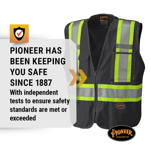Pioneer Hi Vis Tear-Away Mesh Back Safety Vest for Me - Reflective Tape, 4 Pockets - Construction, Traffic, Security - Black...