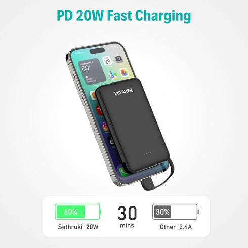 Small Portable Charger,20W Fast Charging Slim Power Bank Built in USB C Cable,Mini Lightweight Phone Battery Pack 6000mAh,USB C Ultra Thin Travel ...