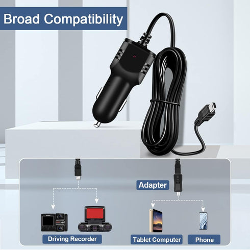 Dash Camera Car Charger, Mini USB and Micro USB Interfaces, Driving Recorders Power Cord Universal Car Adapter Power Cord 3.5m/11.5ft 12V/24V to D...